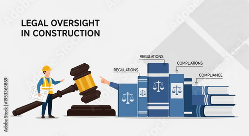 Construction worker with gavel overseeing building plans and regulations