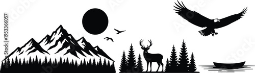 Nature wild landscape silhouette with majestic mountains pine forest deer buck eagle soaring over lake boat and sun for outdoor adventure and wilderness exploration background