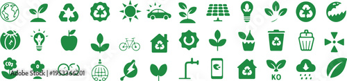 Set of eco friendly icons for nature and green energy concepts representing recycling saving planet and clean technology solutions for future