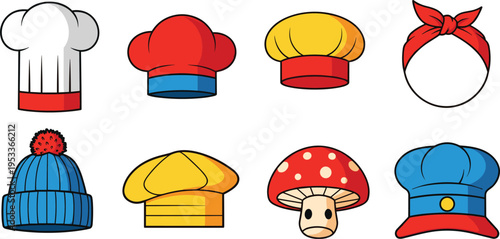 Various Hat Styles Vector Icon Set with Chef Cap Winter Beanie Fashion Beret Headband Mushroom Hat and Casual Headwear Collection Isolated on White Background