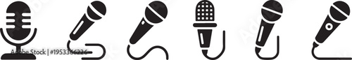 Collection of microphone icons for audio recording and music production featuring vintage and modern types for different sound applications