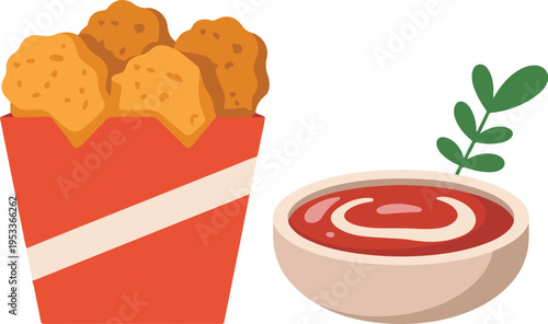 Fried chicken nuggets in red bucket with dipping sauce and garnish for fast food menu and delicious meal promotion purposes