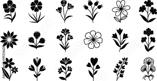 Black and white floral flowers silhouettes 5 white background