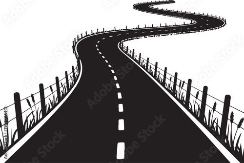 Winding country road with fence and grass isolated silhouette on transparent background vector