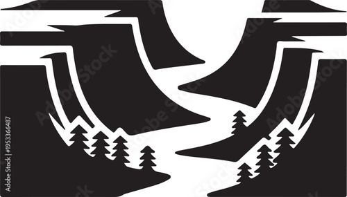 Abstract mountain landscape silhouette with fir trees isolated vector illustration on transparent background