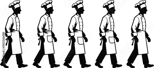 Professional male chef walking silhouette vector illustration set featuring culinary experts in uniform with aprons and hats for restaurant and catering industry concepts
