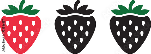 Set of three strawberries in red, black, and green colors, representing fruit icons for healthy eating and fresh produce with transparent background