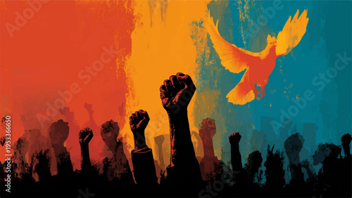 People raising fists with flying dove symbolizing freedom and hope on colorful background