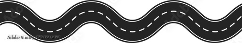 Winding asphalt road with dashed white lines curving through landscape, symbolizing journey and travel with transparent background for motion graphics