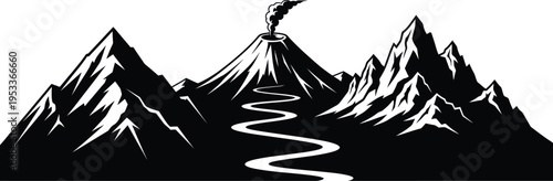 Silhouette of a volcanic mountain range with winding river