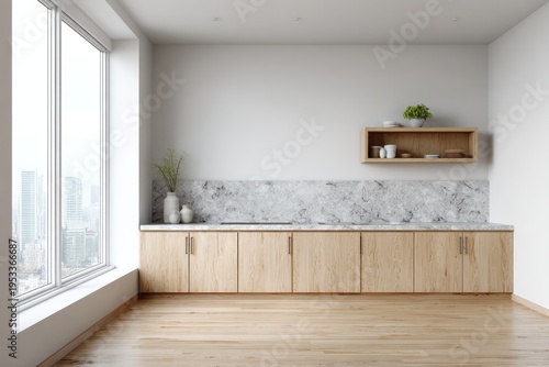 Minimalist kitchen with light wood cabinets and city view.