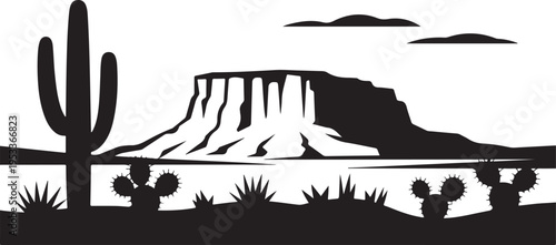 Desert landscape silhouette, cactus plants, rock formations, mesas, clouds, arid environment, western scene, isolated background