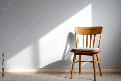 A wooden chair sits beside a sunlit wall in a minimalist interior space.