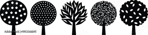 Minimalist black tree silhouette collection featuring round fruit trees, apple orchards, and various stylized foliage shapes for eco-friendly branding, organic farming logos, and nature designs