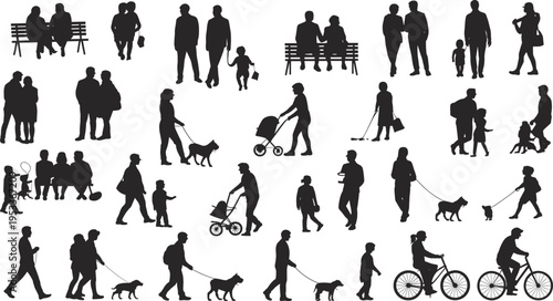 Human activity silhouette illustration, diverse figures walking, cycling, sitting, pushing strollers, walking dogs, and interacting outdoors