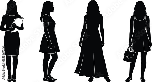 Set of black female silhouettes in different poses and outfits including business woman holding folder, casual dress, long maxi skirt, and lady with handbag