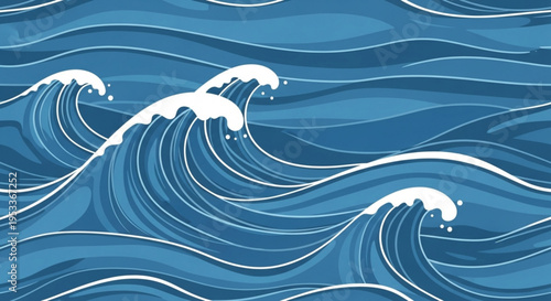 A vector graphic illustration of blue ocean waves with white foam