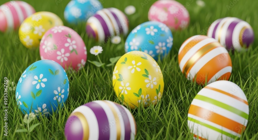 Fototapeta premium Colorful easter eggs arranged playfully on a grassy field under sunlight