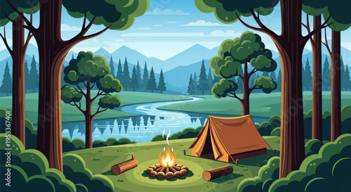 A serene camping scene with a tent and campfire in a forest clearing surrounded by trees and a river