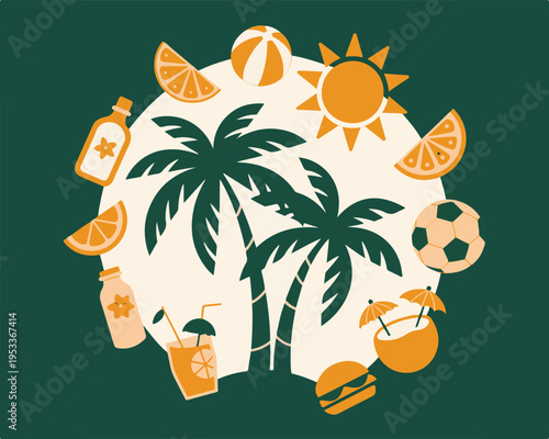 Summer beach elements with palm trees sun orange slices and beach ball arranged in circle