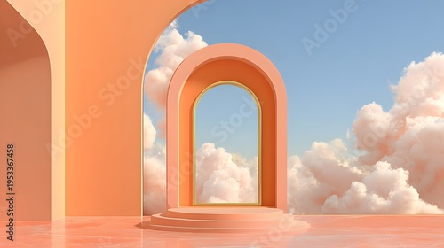 Surreal Archway Leading to a Dreamy Sky with Fluffy Clouds.