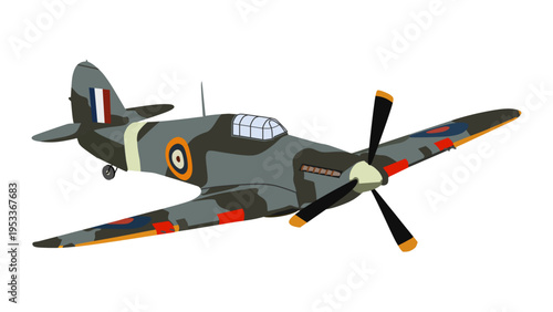 Vintage military fighter plane with propeller vector illustration