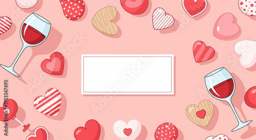 Valentine's day background with wine glasses and heart decorations on pink