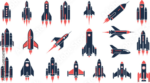 Rocket icons collection, space launch vehicles set, futuristic spacecraft designs, startup growth concept, aerospace technology illustration, modern vector isolated elements