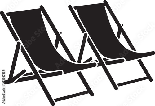 Two empty deck chairs facing opposite directions on transparent background.