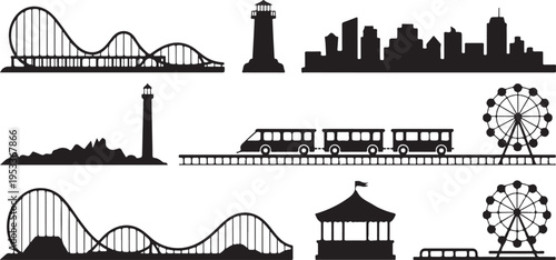 Collection of amusement park icons and city skyline silhouette.