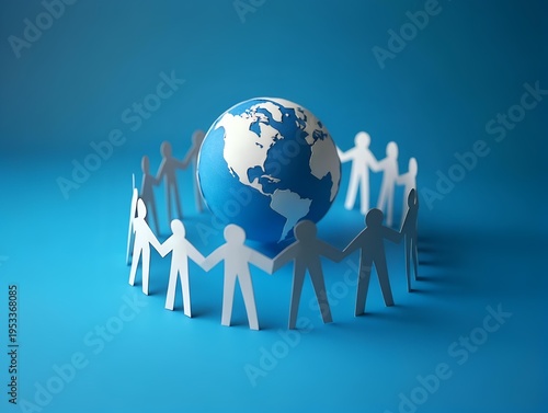 diverse paper cutout figures around glowing globe. global unity and teamwork 