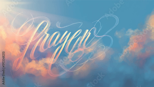 Prayer written in cursive script against vibrant sunset clouds with warm orange and blue hues in the sky