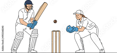 Cricket players batting and wicketkeeping illustration, sports match action scene, teamwork and competition concept, outdoor game, vector design athletes