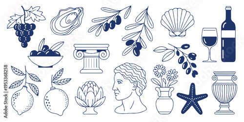 A collection of various objects including grapes, wine, and a bust on a table indoors seen from a side viewpoint