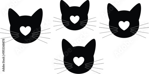 Minimalist black cat head silhouettes with heart‑shaped snouts and whiskers in a 2x2 grid, showcasing artistic symmetry, symbolic design, and modern feline illustration.