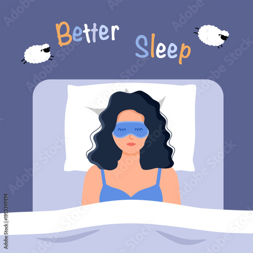 Sleeping woman. Young girl in face mask lying on bed. Rest and relax well vector illustration. Better sleep concept.
