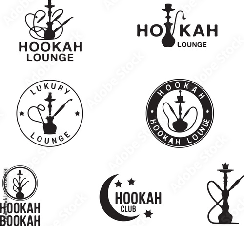 Collection of hookah lounge logos and emblems with hookahs and text on transparent background