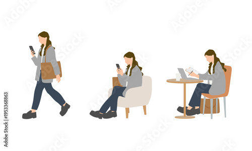 スマホやカフェで過ごす大学生女性の日常シーンセット