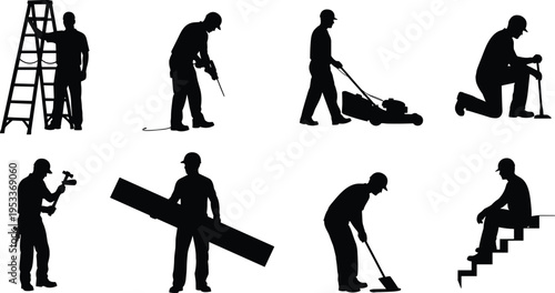 construction worker silhouettes set, ladder drilling mowing tools, industrial labor activities, building maintenance, engineering construction, manual work, professional workers concept