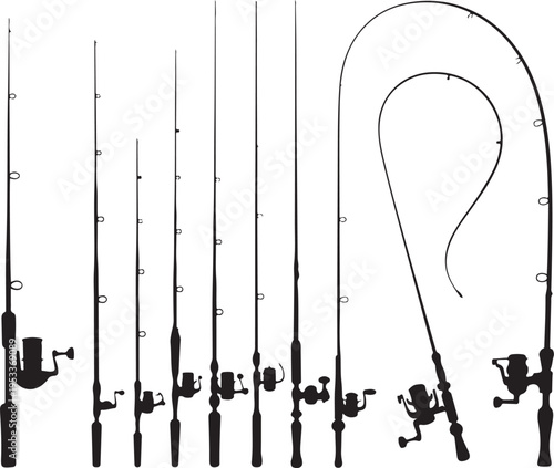 Assortment of fishing rods and reels, various sizes and styles, for angling and sport recreation