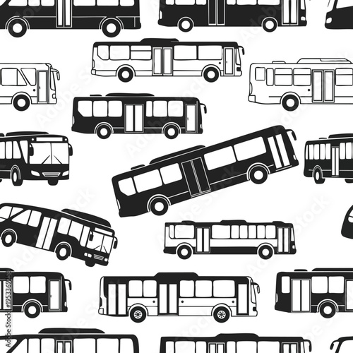 Silhouetted bus icons with varying designs and perspectives repeat on a white background