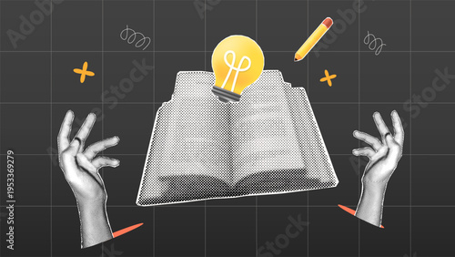 halftone collage, learning with open book, glowing light bulb idea, pencil, and two hand gesture on dark grid background. for brainstorming and modern creative thinking