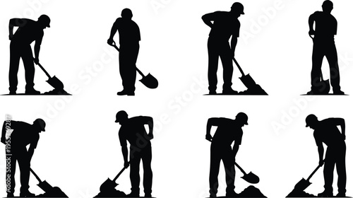 construction worker silhouettes digging set, shovel manual labor activities, industrial workforce, building site work, engineering construction, professional workers, manual job concept