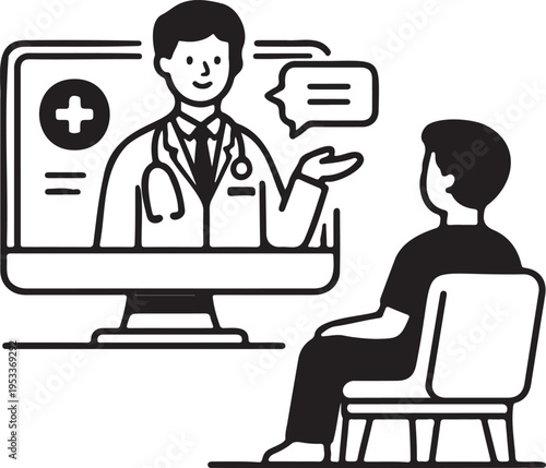 A digital illustration depicts a telehealth appointment showing a doctor on a screen consulting with a patient high-quality
