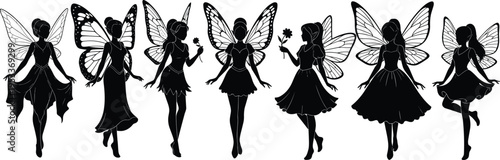 Black Vector Silhouettes of Beautiful Fairies Featuring Butterfly Wings and Elegant Dresses in Various Poses for Fantasy Magic Storytelling and Enchanted Garden Graphic Designs