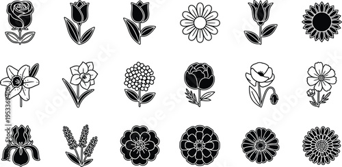 Black and white floral flowers symbols line roses