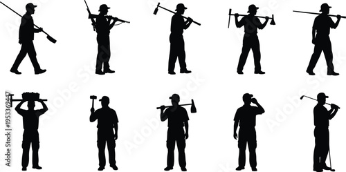 construction worker silhouettes set, carrying tools shovel hammer, manual labor activities, industrial workforce, building site work, engineering construction, professional workers concept
