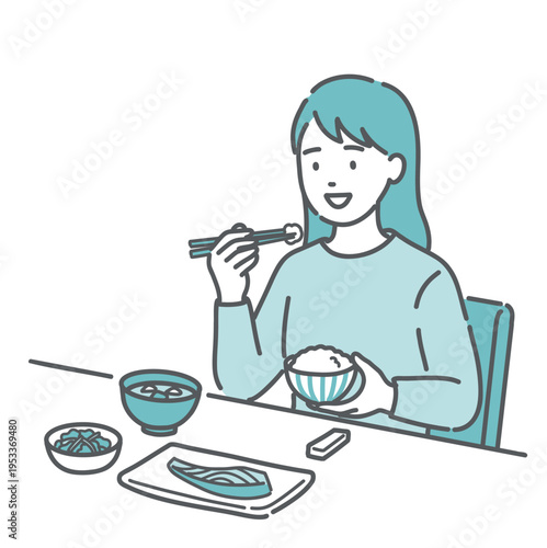 バランスの良い食事（和食）をとる女性のイラスト