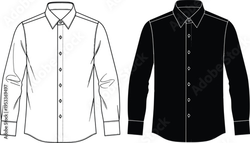 Fashion Technical Illustration of a Men Long Sleeve Button Down Dress Shirt Featuring Front View Outline and Black Silhouette Version for Apparel Design Mockups
