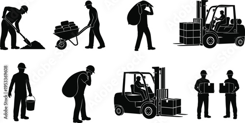 construction worker silhouettes set, forklift loading carrying materials, industrial labor activities, warehouse logistics, building site workforce, engineering construction, professional workers